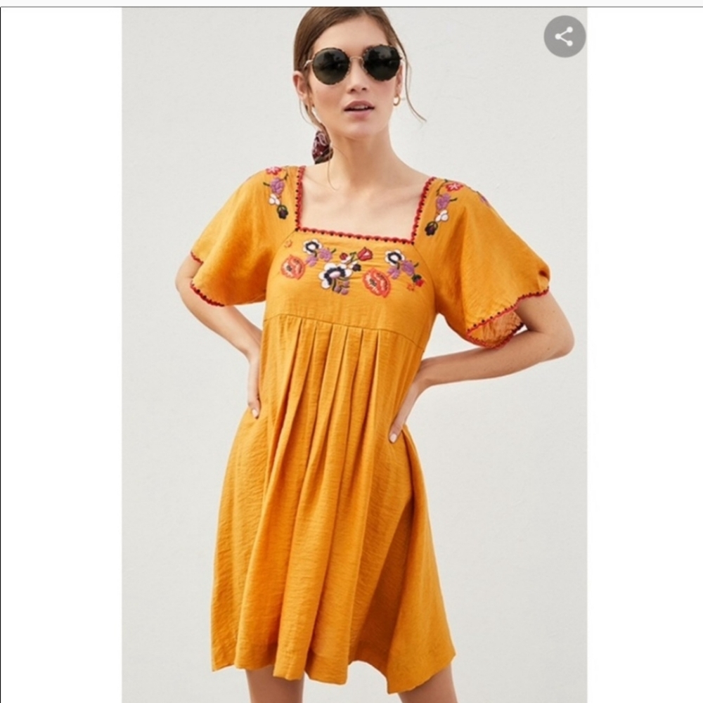 Madewell Embroidered Square Neck Dress Mustard Yellow Medium